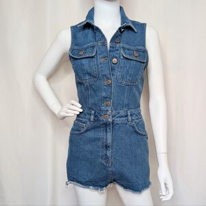 Stone Wash Denim Sleeveless Collared Button Up Shorts Romper Jumpsuit Grunge